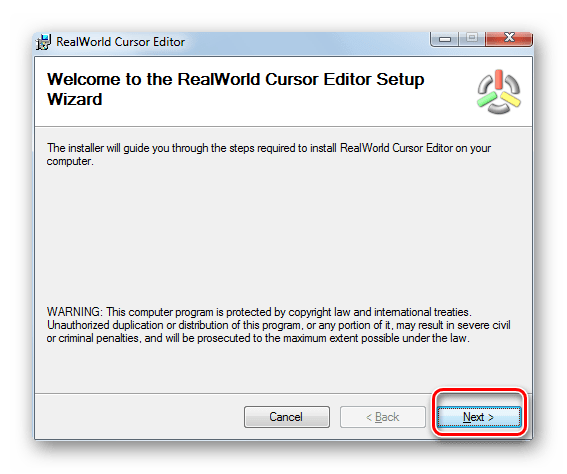 Приветственное окно инсталлятора программы RealWorld Cursor Editor в Windows 7