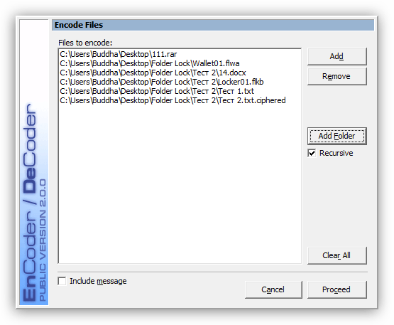 Процесс шифрования файлов и папок в программе RCF EnCoder-DeCoder