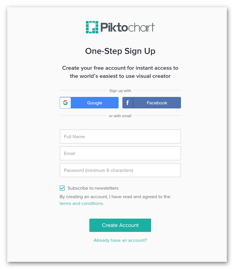 Регистрация на Piktochart