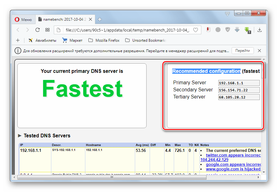 Рекомендуемая конфигурация dns-серверов программы NameBench в браузере Opera