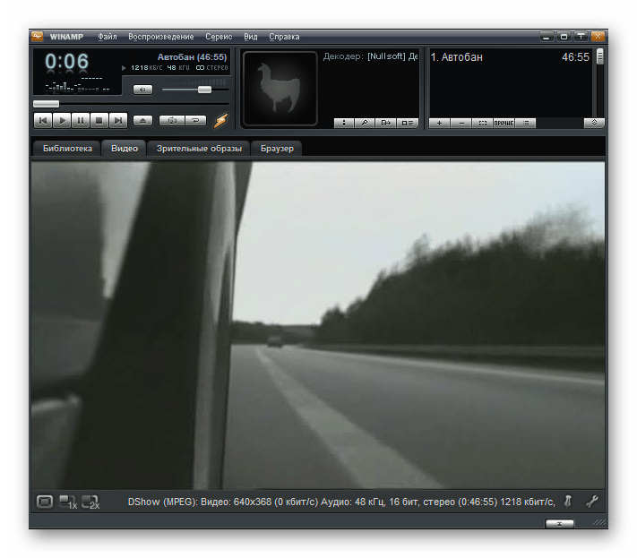 Воспроизведение видеофайла mpg в окне программы Winamp