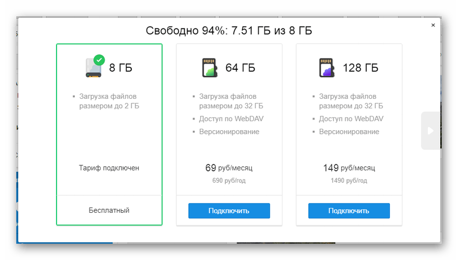 Информация о существующих тарифах на сайте сервиса Облако Mail.ru