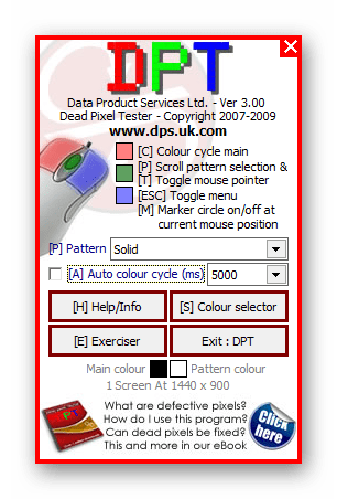 Окно для получения информации о программе и предварительной настройки тестов в Dead Pixel Tester