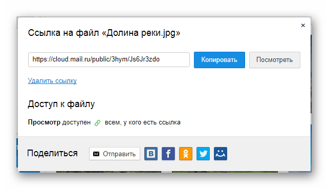 Процесс создания общего доступа к файлу на сайте сервиса Облако Mail.ru