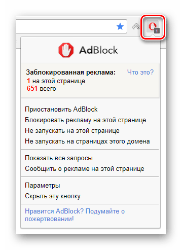 Внешний вид интерфейса AdBlock