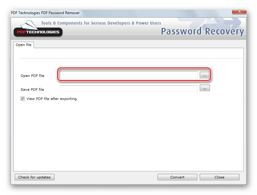 Выбор файла в окне PDF Password Remover Tool