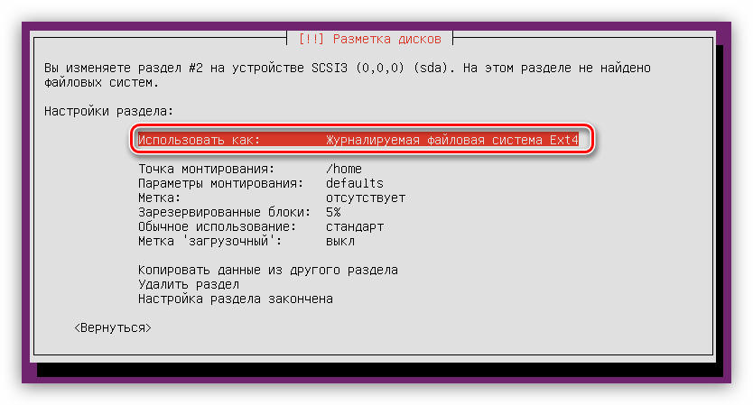 выбор пункта использовать как при установке ubuntu server во время разметки диска