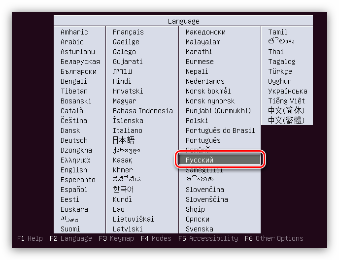 выбор языка установщика ubuntu server