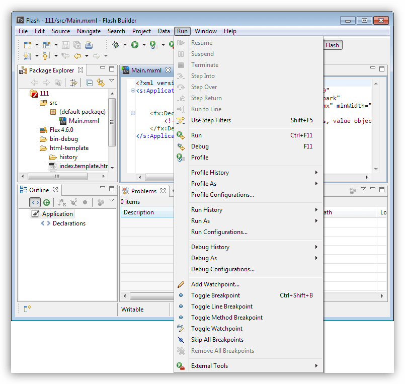 Инструменты для запуска и отладки приложений в программе Adobe Flash Builder