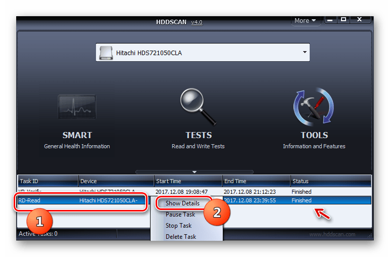 Переход к просмотру деталей тестирования Read жесткого диска после его завершения через контексное меню в окне программы HDD Scan