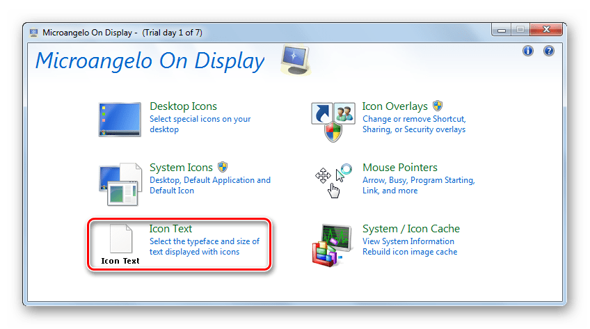 Переход в раздел изменения шрифта иконок на Рабочем столе из главного окна программы Microangelo On Display в Windows 7