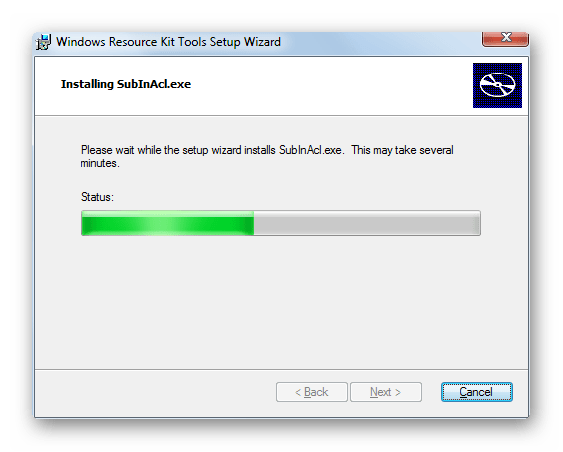 Процедура инсталляции в окне Мастера установки утилиты SubInACL в Windows 7