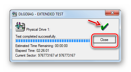 Процедура тестирования Extended test жесткого диска закончилась удачно в окне программы Western Digital Data Lifeguard Diagnostic