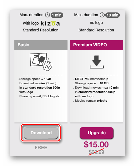 Выбор бесплатного плана Онлайн-сервис Kizoa