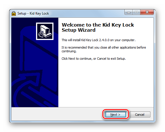 Приветственное окно Мастера установки программы Kid Key Lock в Windows 7