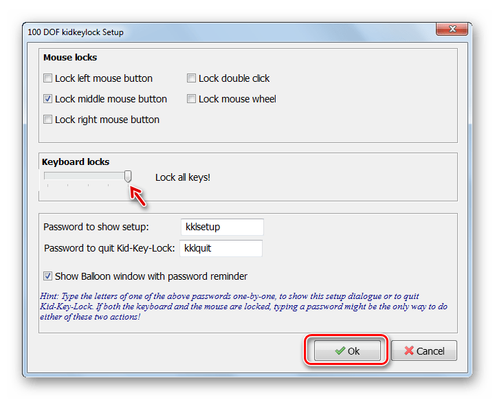 Сохранение настроек в программе Kid Key Lock в Windows 7