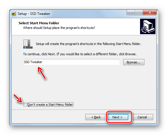 Установка иконки в стартовом меню в окне Мастера установки программы SSDTweaker в Windows 7