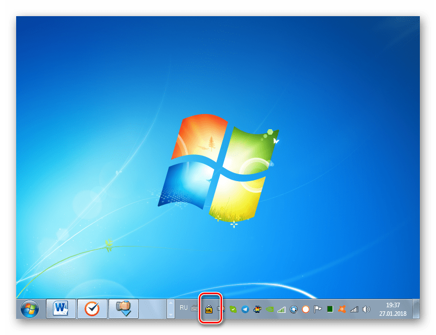 Запуск окна управления программы Kid Key Lock путем клика по значку в системном трее в Windows 7