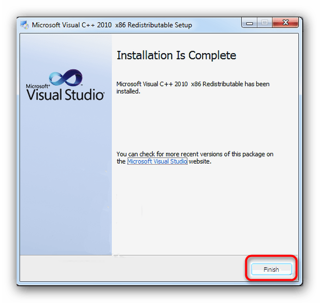 Закончить установку Microsoft Visual C++ 2010 Redistributable