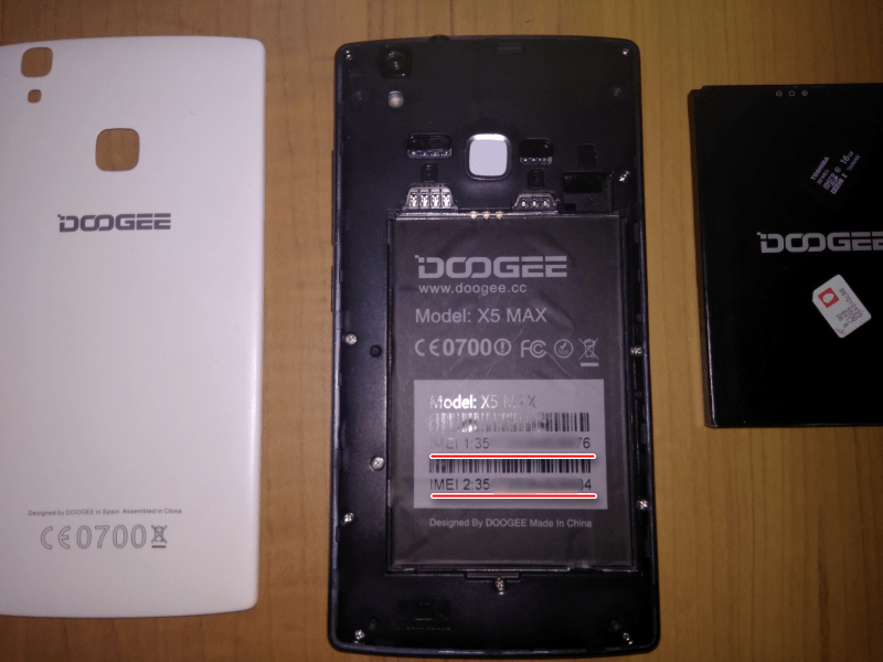 Doogee X5 MAX идентификаторы IMEI под аккумулятором девайса