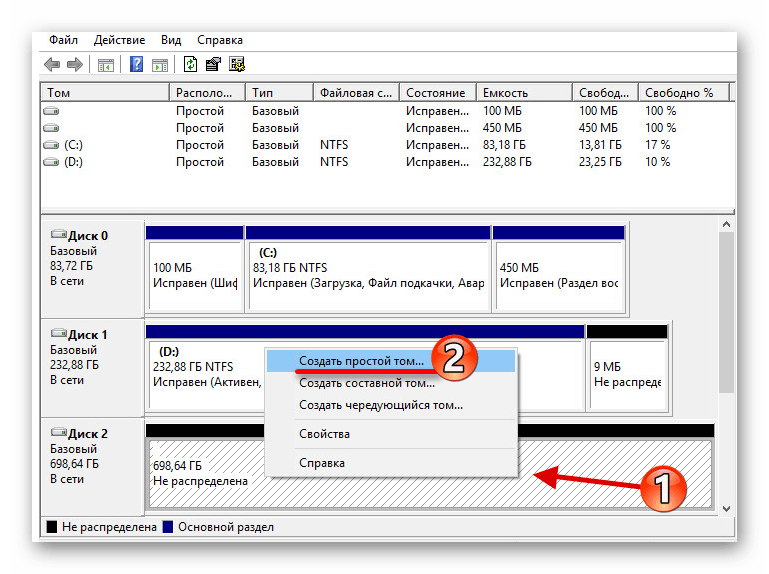 Создание простого тома с помощью программы управления дисками в Windows 10