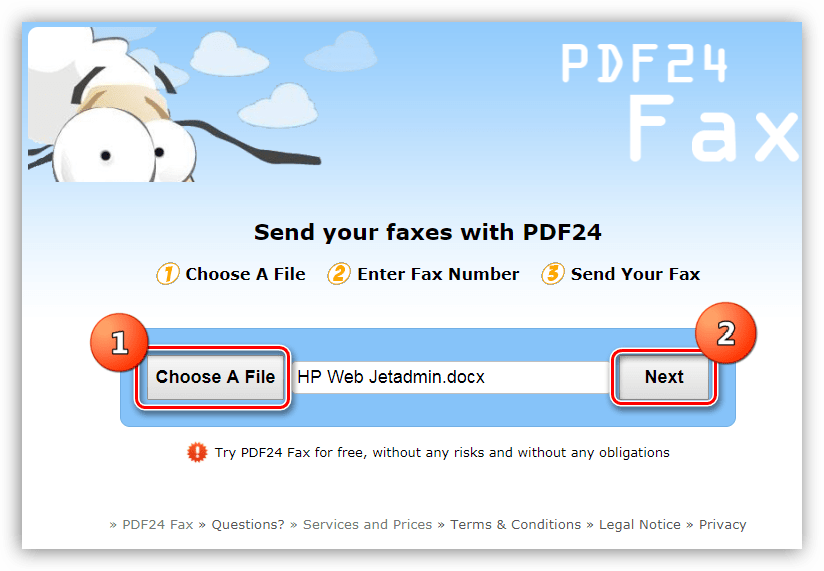 Выбор файла для отправки по факсу с помощью сервиса PDF24 Creator