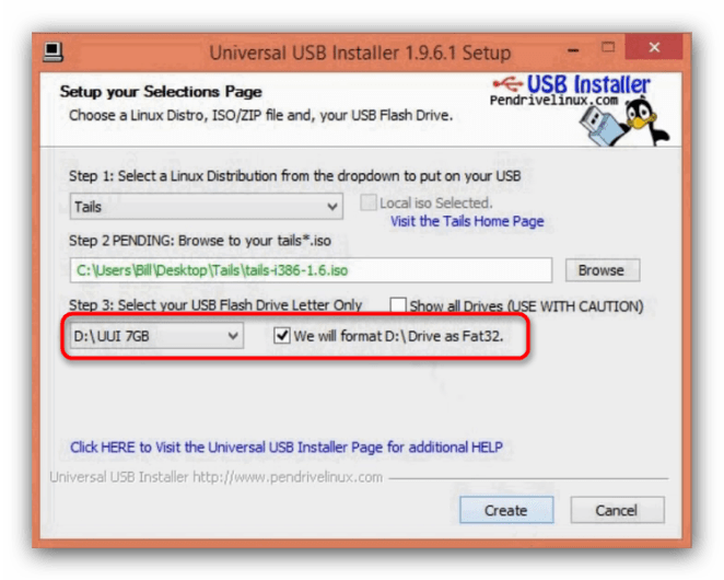 Выбрать флешки для записи образа Tails в Universal USB Installer и отметка о форматировании