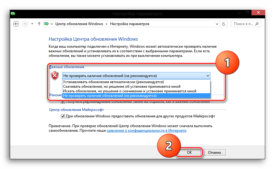 Отключение проверки наличия обновлений в Центре обновлений в Windows 8