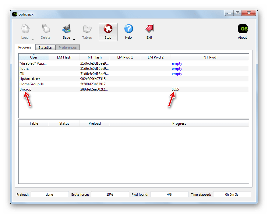 Пароли к учетным записям определны в программе Ophcrack в Windows 7