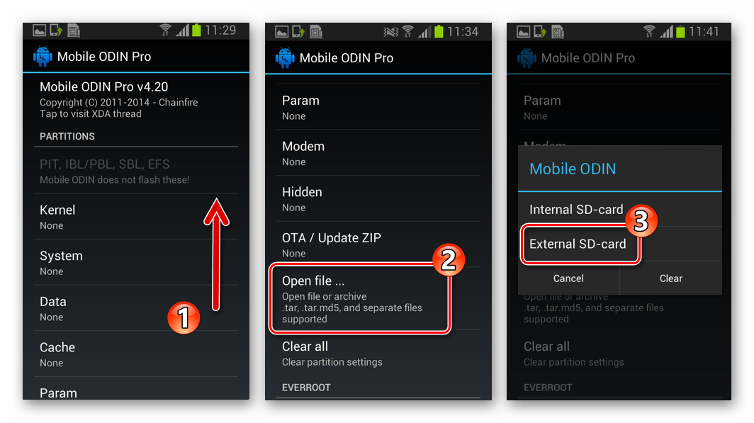 Samsung Galaxy S 2 GT-I9100 Mobile Odin пункт Open File, выбор носителя прошивки