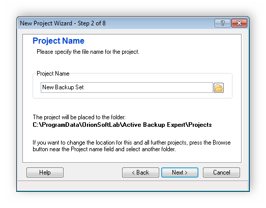 Создание нового проекта Active Backup Expert