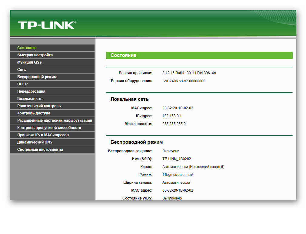 Главное меню веб-интерфейса роутера TP-Link TL-WR740n