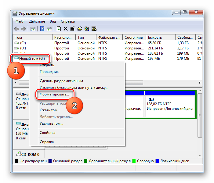 Переход к форматированию раздела в окне управления дисками в Windows 7