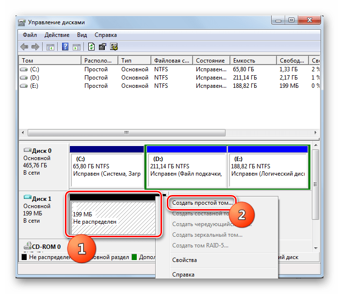 Переход к созданию простого тома в окне управления дисками в Windows 7