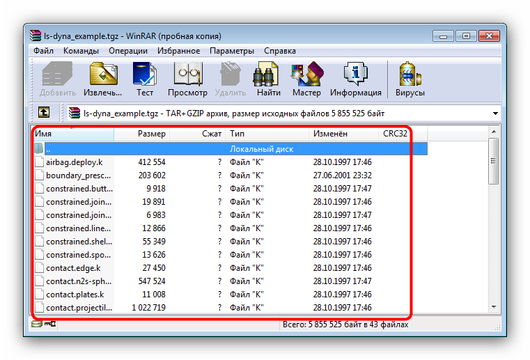 Содержимое файла TGZ, открытого в WinRAR