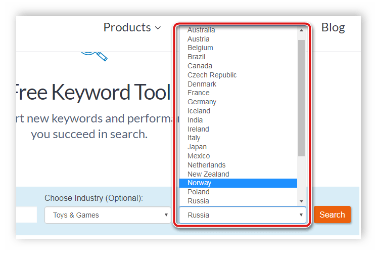 Выбор страны Free Keyword Tool