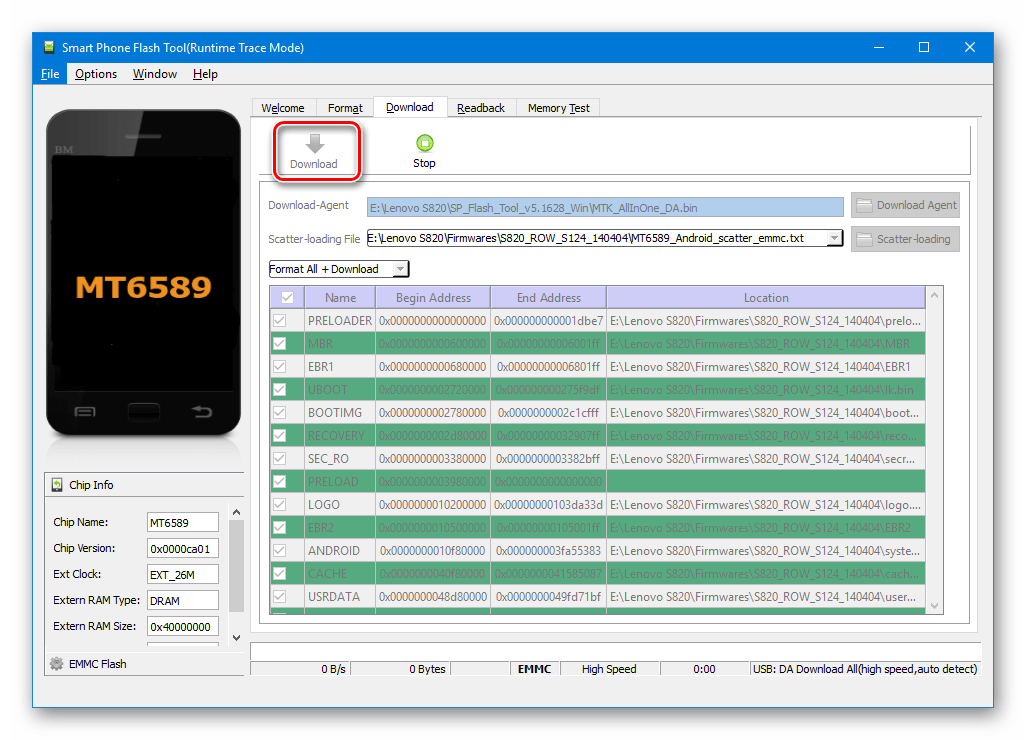 Lenovo S820 SP Flash Tool кнопка Download перед подключением девайса для восстановления