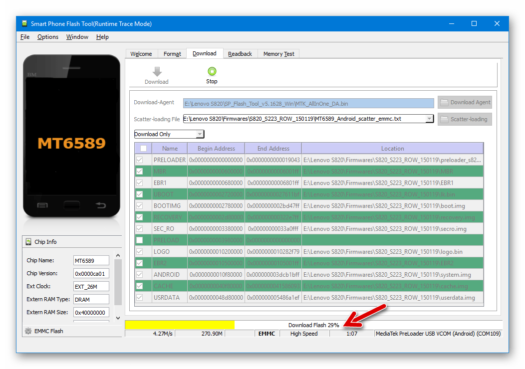 Lenovo S820 SP Flash Tool процесс прошивки в режиме Download Only