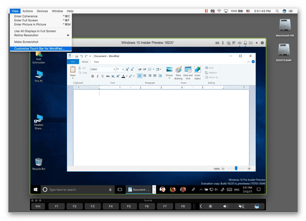 Рабочий стол виртуальной машины Parallels Desktop для mac OS