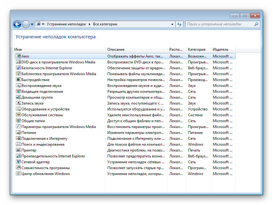 Все категории Средства устранения неполадок в Windows 7