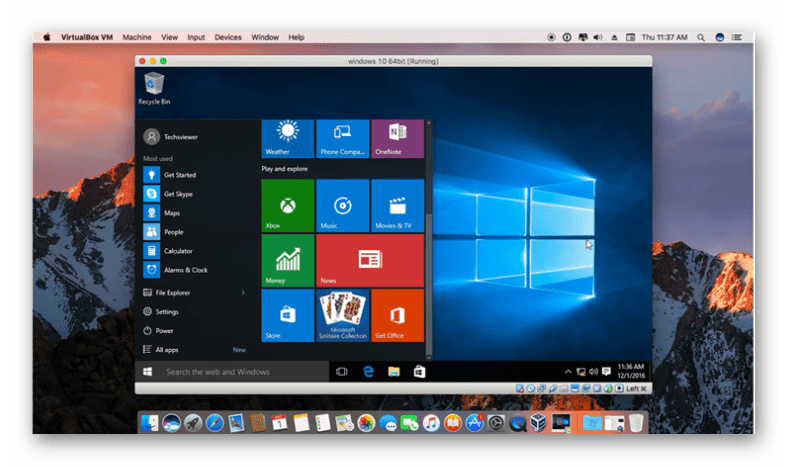 Windows 10 запущена на виртуальной машине VirtualBox для mac OS