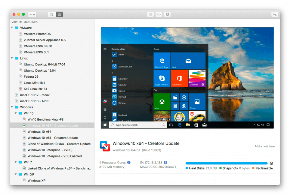 Windows в среде виртуальной машины VMware Fusion для mac OS