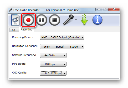 Запуск записи в программе Free Audio Recorder в Windows 7