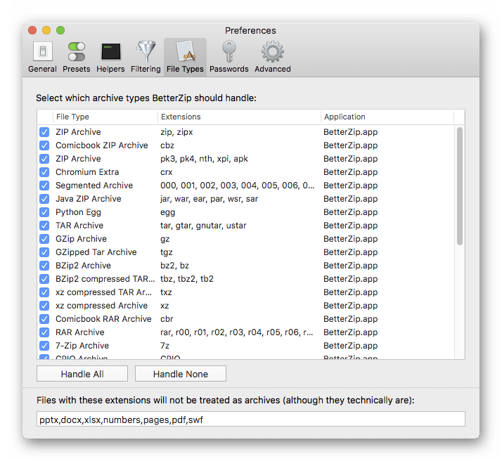 Настройки архиватора BetterZip для macOS
