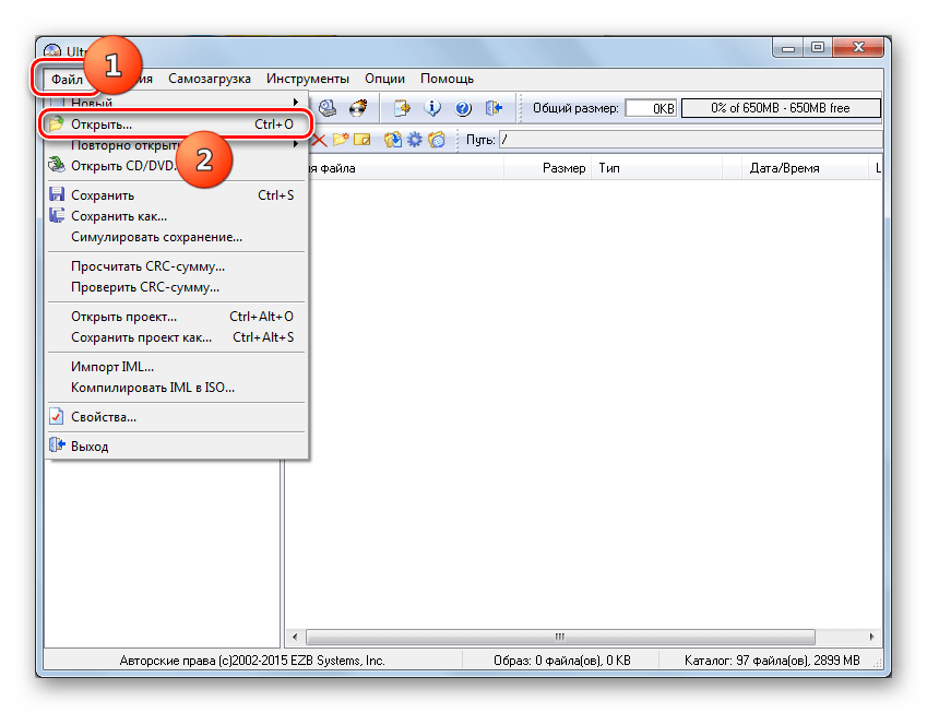 Переход в окно открытия файла в программе UltraISO