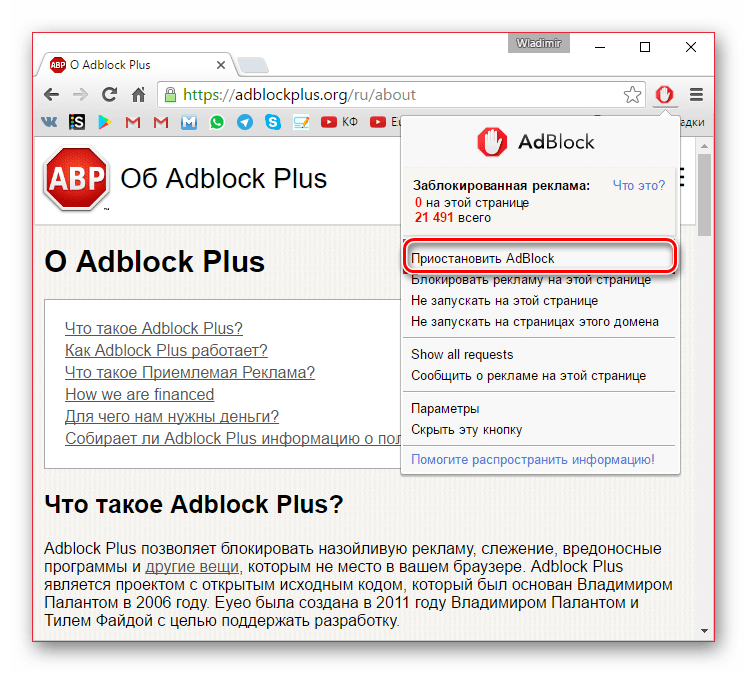 Процесс приостановки работы AdBlock в Google Chrome