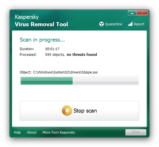 Сканирование системы утилитой Kaspersky Virus Removal Tool