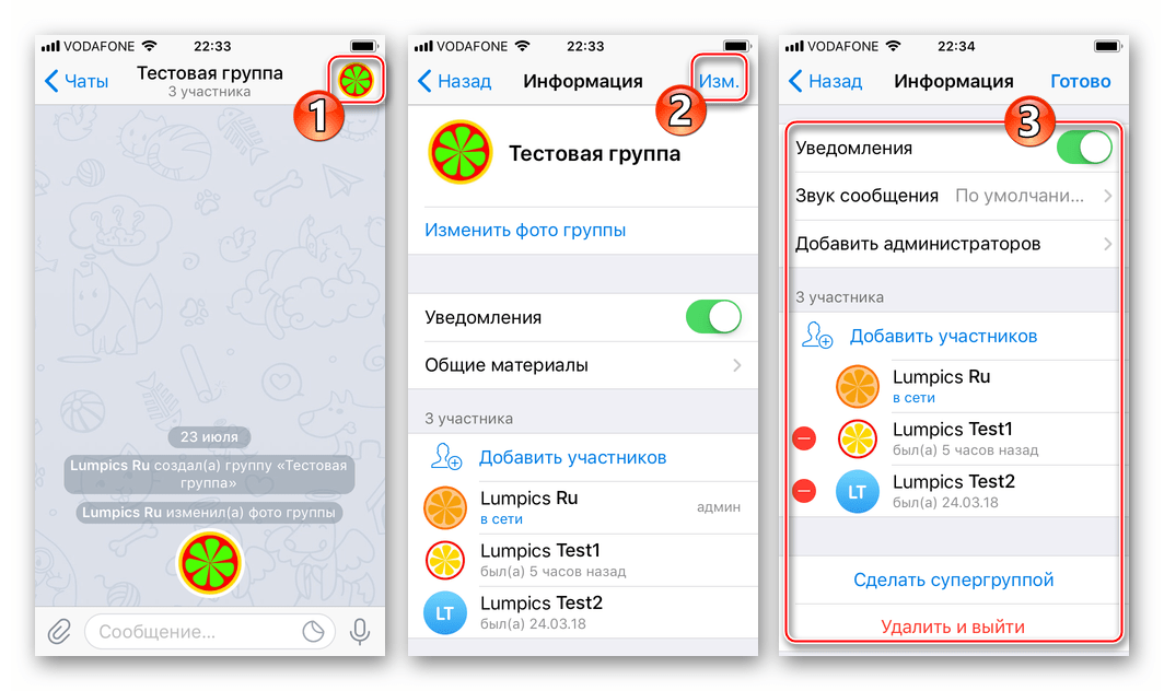 Telegram для iPhone управление группой