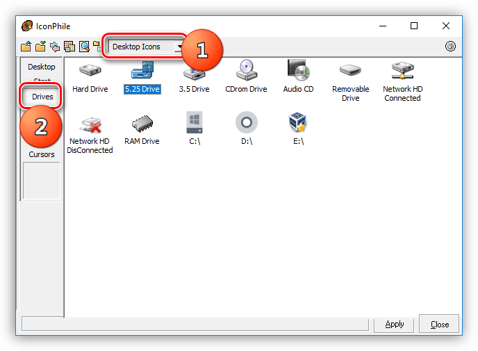 Выбор группы иконок для изменения в программе IconPhile
