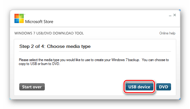 Выбор носителя для записи образа ОС в окне утилиты Windows 7 USB DVD Download Tool